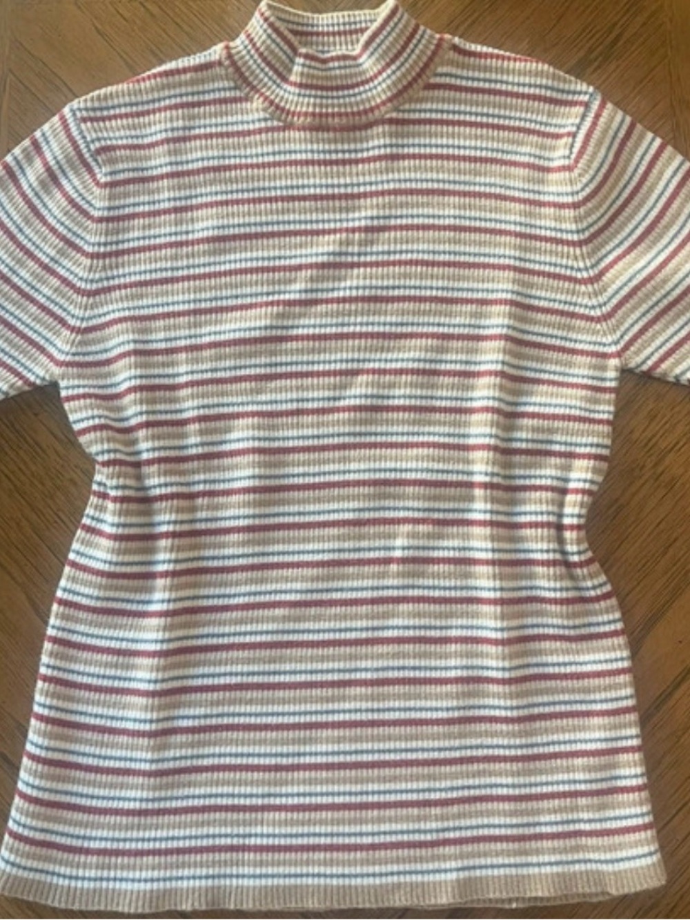Women's Ribbed Mock Neck Short Sleeve Top - Cream with Pink & Blue Stripes